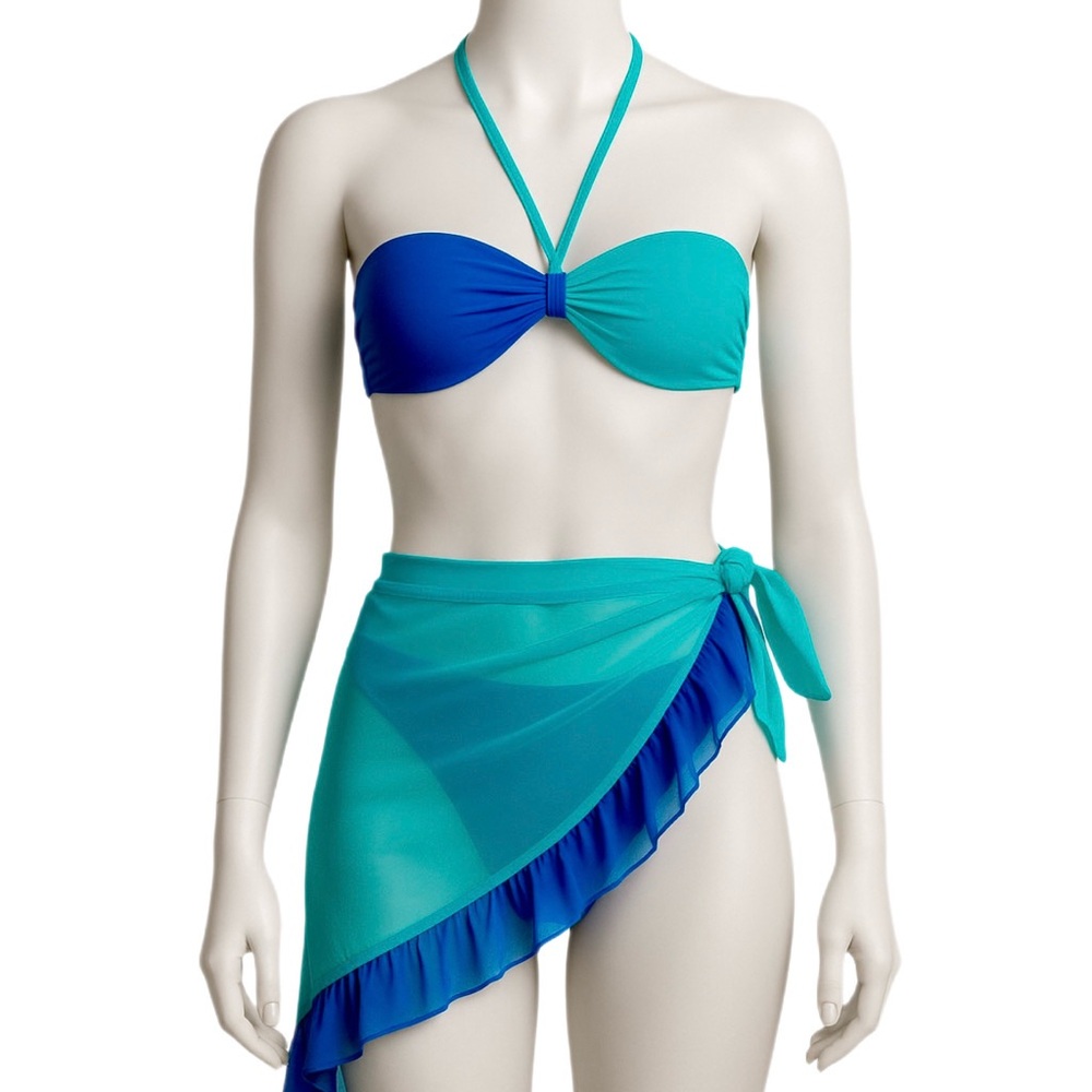 3 Piece Bikini Set | Blue and Teal Bikini + Matching Sheer Sarong Cover
